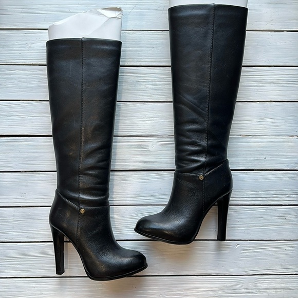 Tory Burch Black Tall Kasey Heeled Smooth Leather Boots Logo size 5.5 - Picture 1 of 16